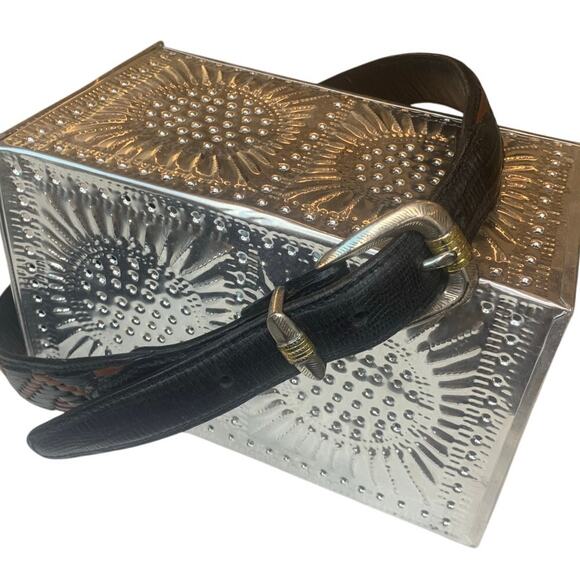 Bill Adler Genuine Leather Belt Woven Italian Calf Skin Brown Black Aztec 36 in - Picture 1 of 5